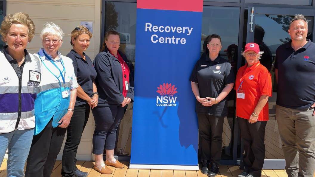 Some of the people at the Bermagui Bushfire Recovery Centre when it operated the first time. Chaplain Karen Paull, Disaster Recovery Network Chaplain, Jane Simmons of Anglicare, Carlin Stanford of NSW Reconstruction Authority, Jessica Shearer of Service NSW Bega, Deb Parsons of Salvation Army Bega, Lisa Clark of Red Cross Emergency Services Narooma and Jeremy Hillman of NSW Reconstruction Authority. Picture by Marion Williams