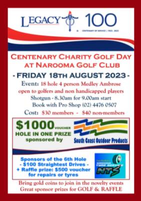 Play golf for a good cause at Legacy's Centenary Charity Golf Day at Narooma Golf Club on Friday, August 18. Picture supplied