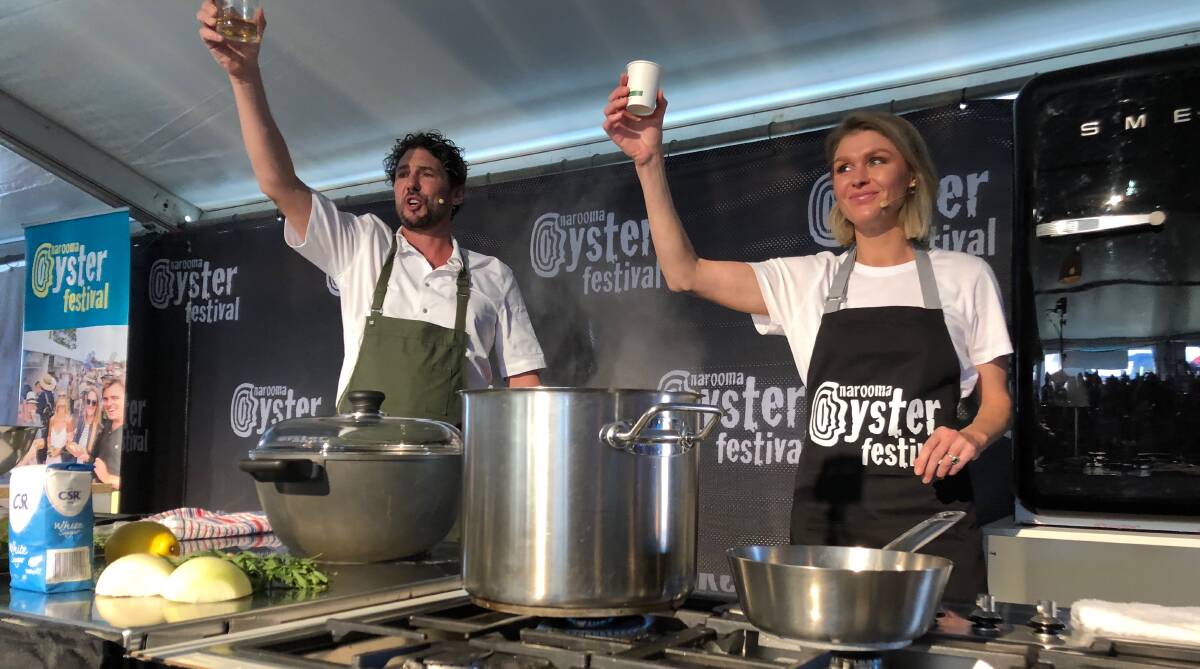 The marquee was packed plus a crowd stood outside watching Colin Fassnidge's cooking demonstration, assisted by Courtney Roulston, at Narooma Oyster Festival on Saturday, May 6. Picture by Marion Williams