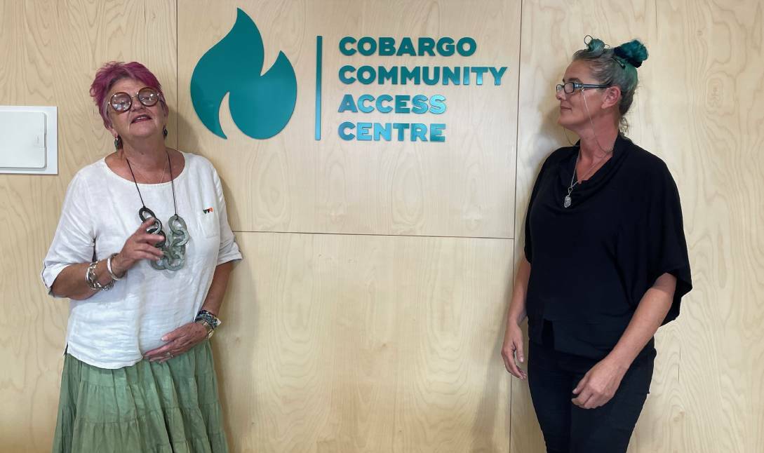 People can get more information about EmberApp and Street Mate from Chris Walters and Danielle Murphy at the Cobargo Community Access Centre. Picture by Marion Williams