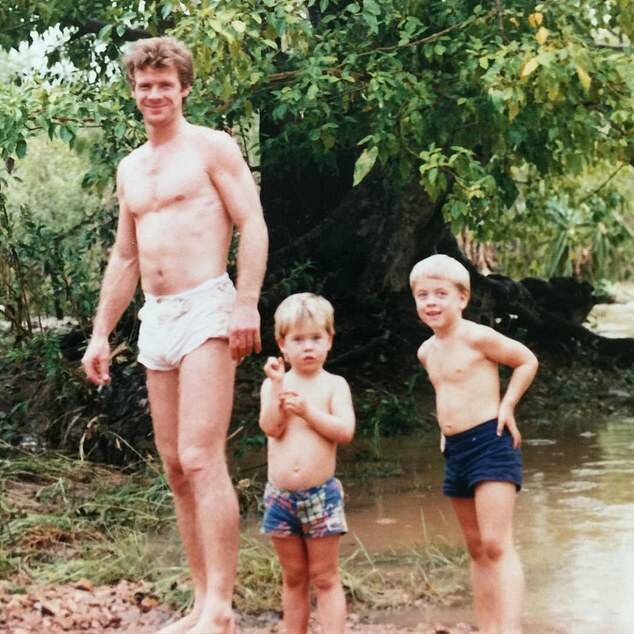 A childhood photo of two of the Hemsworth brothers with their dad Craig in Bulman in the Northern Territory. Photo via @Chrishemsworth Instagram.