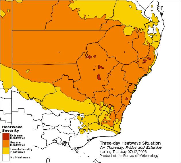 The Bureau of Meteorology released this thre-day heatwave map for December 7 to 9. Picture via Bureau of Meteorology