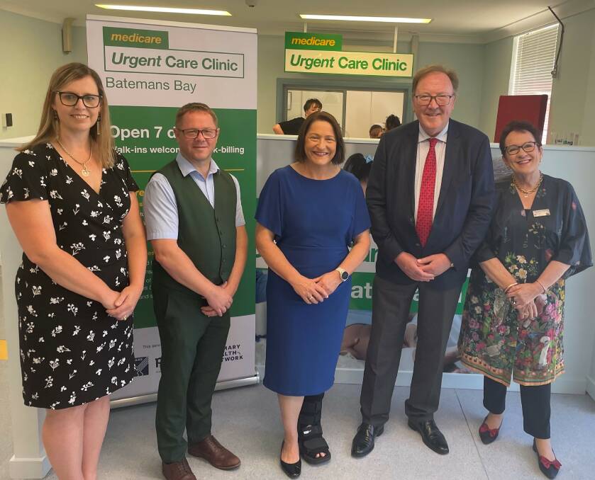 Coordinare CEO Prudence Buist, Director of NSW and ACT ForHealth Simon Taylor-Cross, Gilmore MP Fiona Phillips, Bega MP Dr Michael Holland and SNSWLHD chief executive Margaret Bennett at the new Batemans Bay Urgent Care Clinic. Picture supplied