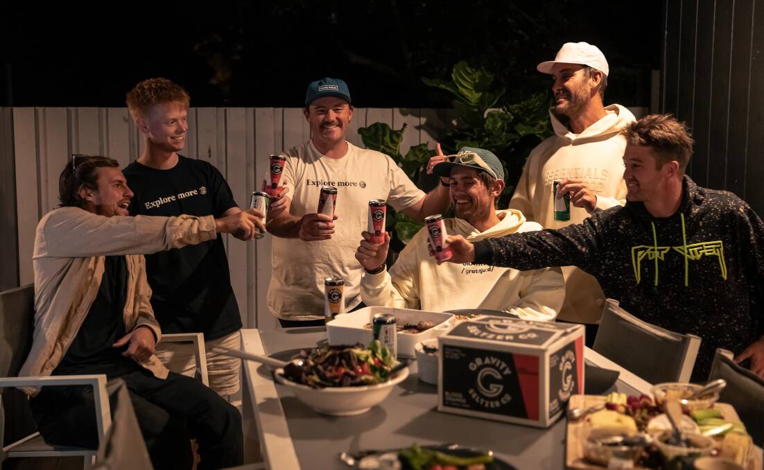 The Gravity Seltzer crew; Harley Clifford, Liam Battye, Mick Spencer, Cooper Chapman, Matt Poole and Harry Bink, catch up for a barbeque. Picture by Kaleb Kennedy