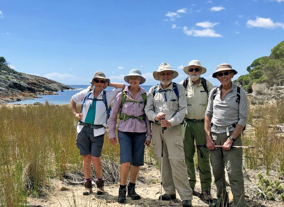 GREAT SCENERY: On the Kangarutha Track in Bournda National Park are Alison Philip (from left), Margaret Lynch, Davey McMillan, Steve Deck and Jan Smith.