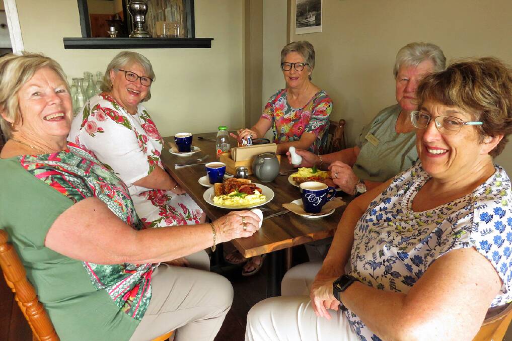 VIEW POINT: Narooma View Club members Glen Pisanos, Helen Hayes, Julie Nicholls, Carlien Donnon and Julie Brown meet for breakfast at Casey's Cafe.