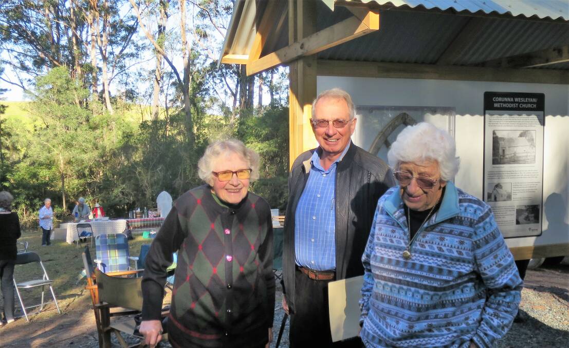 NHS Corunna: Narooma Historical Society met at Corunna Cemetery last month to hear Harry Bate talk about the recent restoration and interpretative work there. Harry is seen here with society members Joan Lynch (left) and Mina Watt.