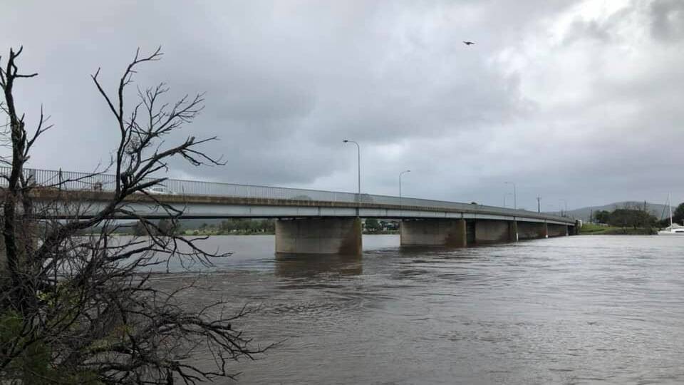 The swollen Moruya River at 12.30pm on Sunday, August 9. The SES hopes floodwaters had peaked at mid afternoon.