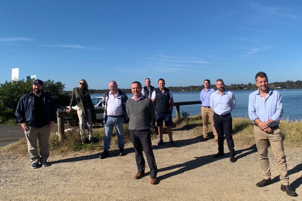 Bega MP Andrew Constance announces funding for Far South Coast fishing infrastructure projects in Moruya on Friday, July 24. Representatives of Eurobodalla and Bega Valley Shire Councils attended.