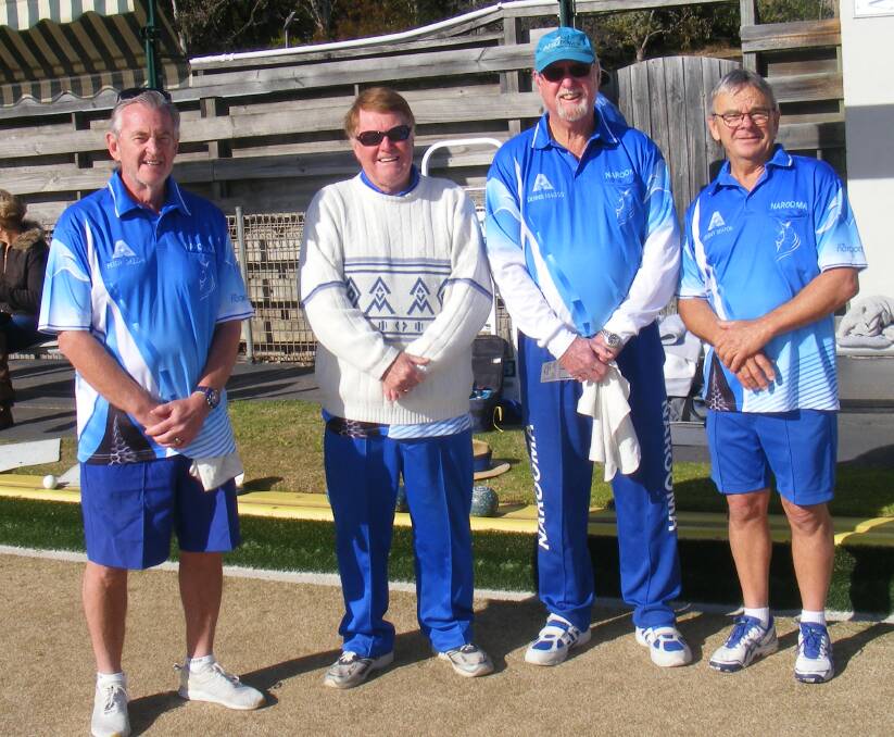 NAROOMA BOWLS: Runners up Peter Dillon and Les Waldock (skip) congratulate the winners of the Narooma Men's Pairs Championship, Dennis Maggs (skip) and Jeremy Seaton.