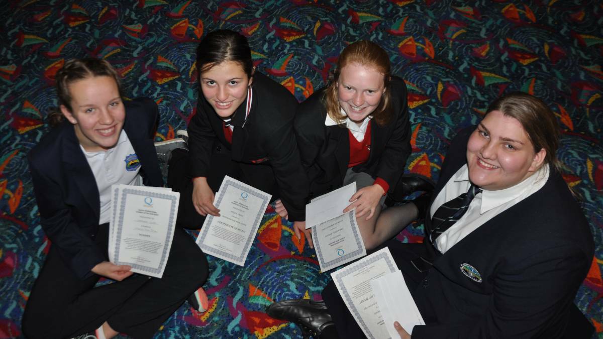 YOUNG-STARS: Stephanie Lunn, Stella Cross, Samantha Hanlon and Edwina Cooke are all smiles after the Batemans Bay 2018 Quota Student of the Year. Stephanie will now proceed to the regional final. Narooma Quota is calling on students from Tuross Head to Bega to enter its branch event in August.