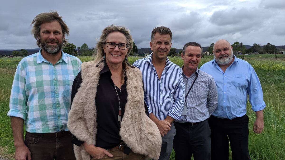FUNDS FOR DAM: Shire project engineer Harvey Lane, Liz Innes, Andrew Constance, infrastructure director Warren Sharpe and water manager Brett Corven on Friday.