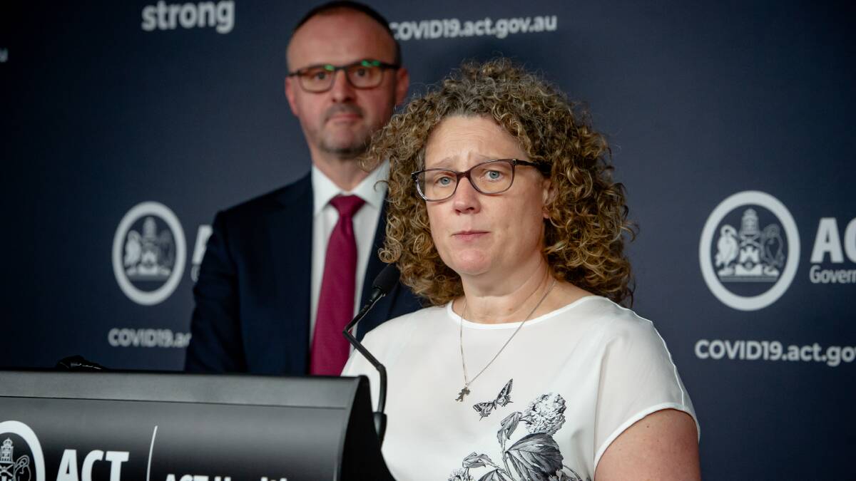 Chief Health Officer Dr Kerryn Coleman, flanked by Chief Minister Andrew Barr, addresses the media on Thursday. Picture: Elesa Kurtz