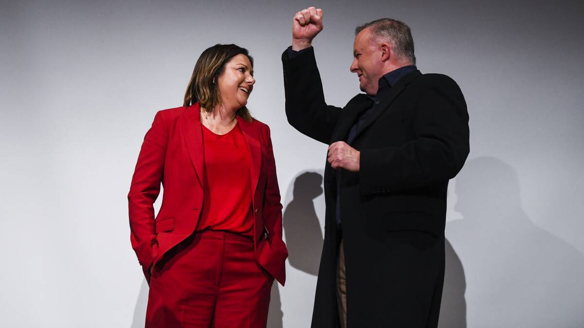 Labor candidate Kristy McBain and leader Anthony Albanese at the Labor party election function in Merimbula on Saturday night. Picture: Lukas Coch, AAP