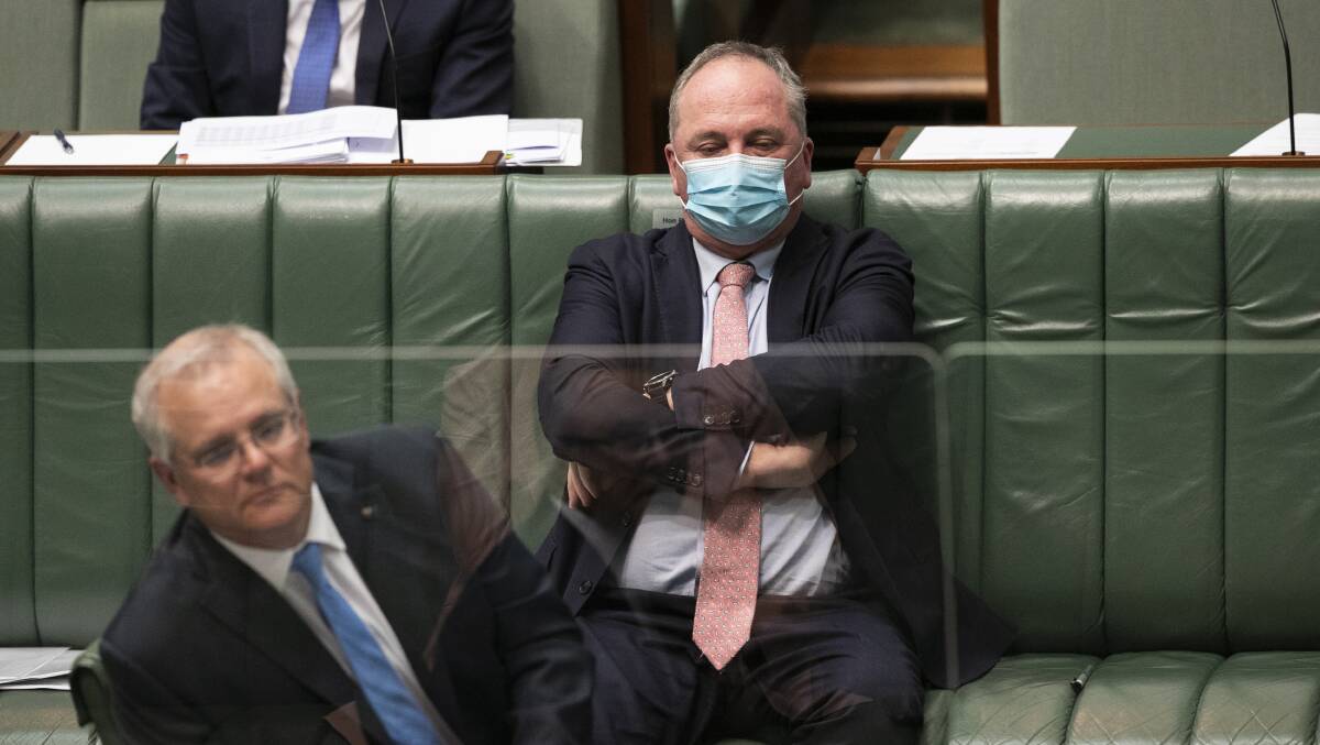 WAVED AWAY: Prime Minister Scott Morrison and Deputy Prime Minister Barnaby Joyce in Question Time. Photo: Keegan Carroll