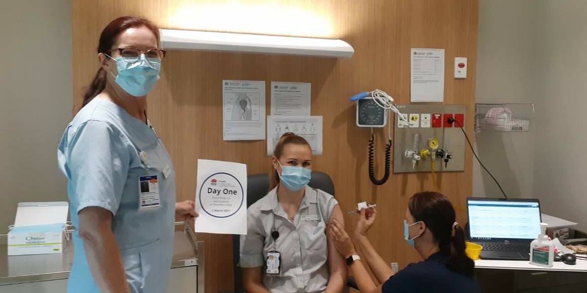 PHASE ONE: South East Regional Hospital nurse Shannon Aldridge is among the first COVID clinic and emergency personnel to receive their vaccination in Bega on Tuesday.