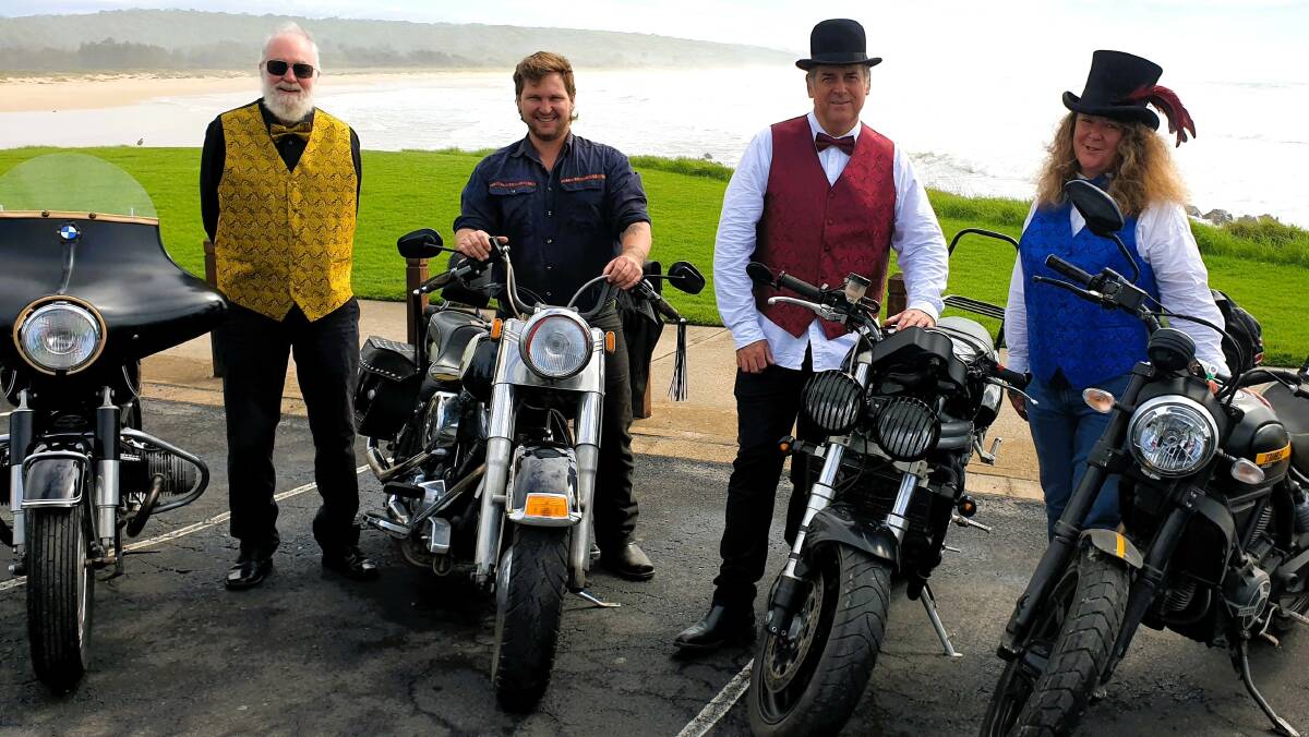 Some of the gentlefolk taking part in the Narooma Distinguished Gentlemans Ride
organised by Narooma Rotary include Carl Phelps of Narooma Motorcycles (second
from left), John Cunningham and ride organiser Narooma Rotarian Franoise Cleret.