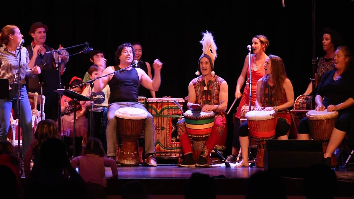 David Hewitt (centre) from Stonewave Taiko with members of Bembakan and special guests musicians at the Bega Big Groove in 2018.