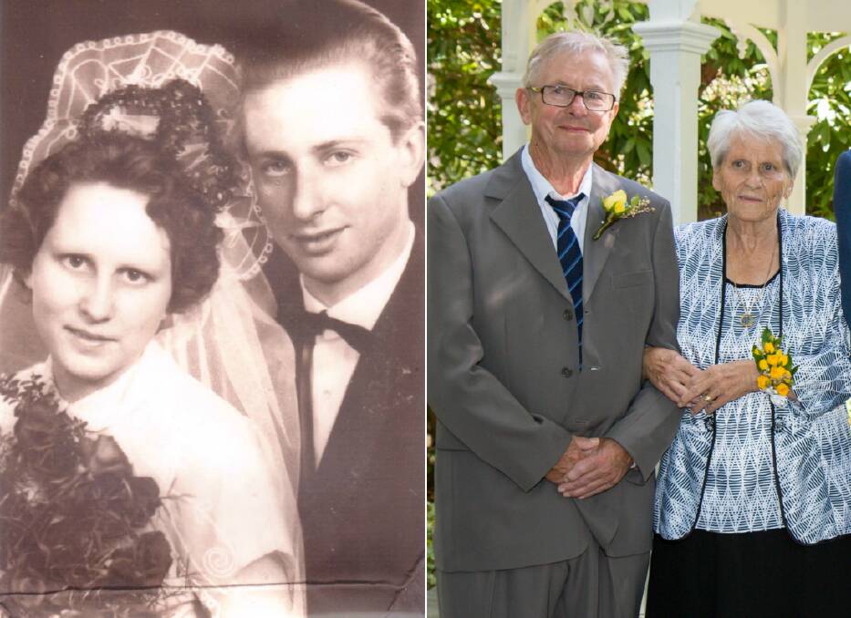 ANNIVERSARY: Heinz and Regine Guenther on their wedding day 60 years ago (left) and in more recent times at the wedding of their youngest granddaughter last year.