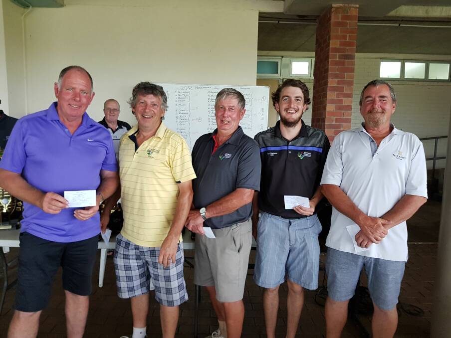 BERMAGUI COUNTRY CLUB: Saturday Ambrose winners Greg Maloney, Paul Batten, Paul Rumble and Nathan Batten with Paul Revill following the presentation of prizes.