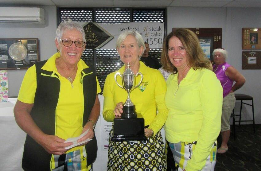 BERMAGUI LADIES: Tathra Ladies Cup winners Brenda Whiffen, Maggie Hayes and Sandy Chamberlin.