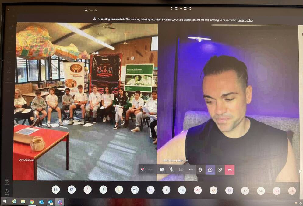 A screen capture of Mitch Tambo, an Indigenous singer/songwriter, who shared his thoughts on reconciliation with Narooma High students and their virtual crowd. 