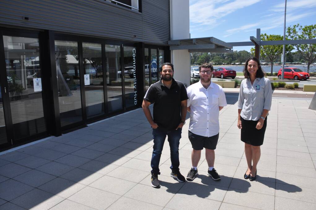 Tech Exec team: Digital mentors Ashin Mohan, Jack Jenkins and lead mentor Trish Pye at the NBN Community Hub at Bridge Plaza, Batemans Bay. 