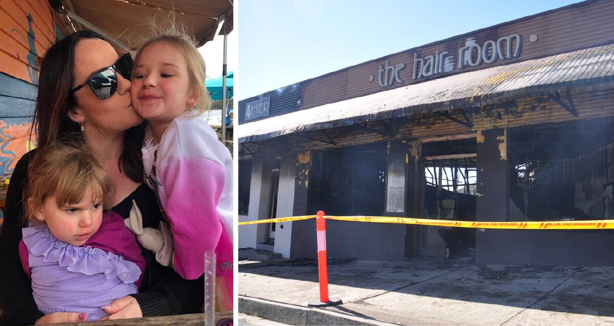 Help needed: Brogan Lee of Bee's Beauty Bar with her two daughters (left). The building Ms Lee worked from, totally destroyed by fire on Sunday, September 20 (right). 