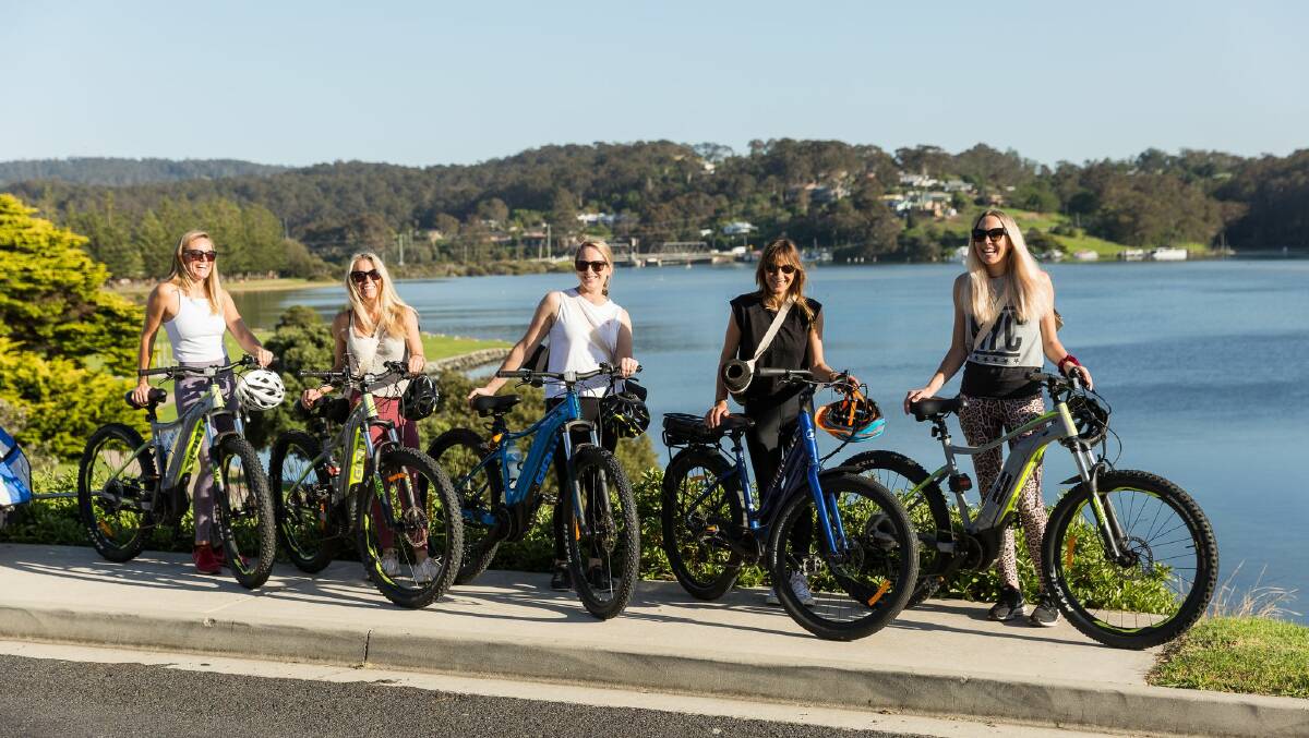 Chloe Mulder, Charms Baltis, Sara Sadler, Tash Dusehjko and Amity Kershaw enjoy an e-bike and yoga experience with Southbound Escapes. Image: Ben Marden. 