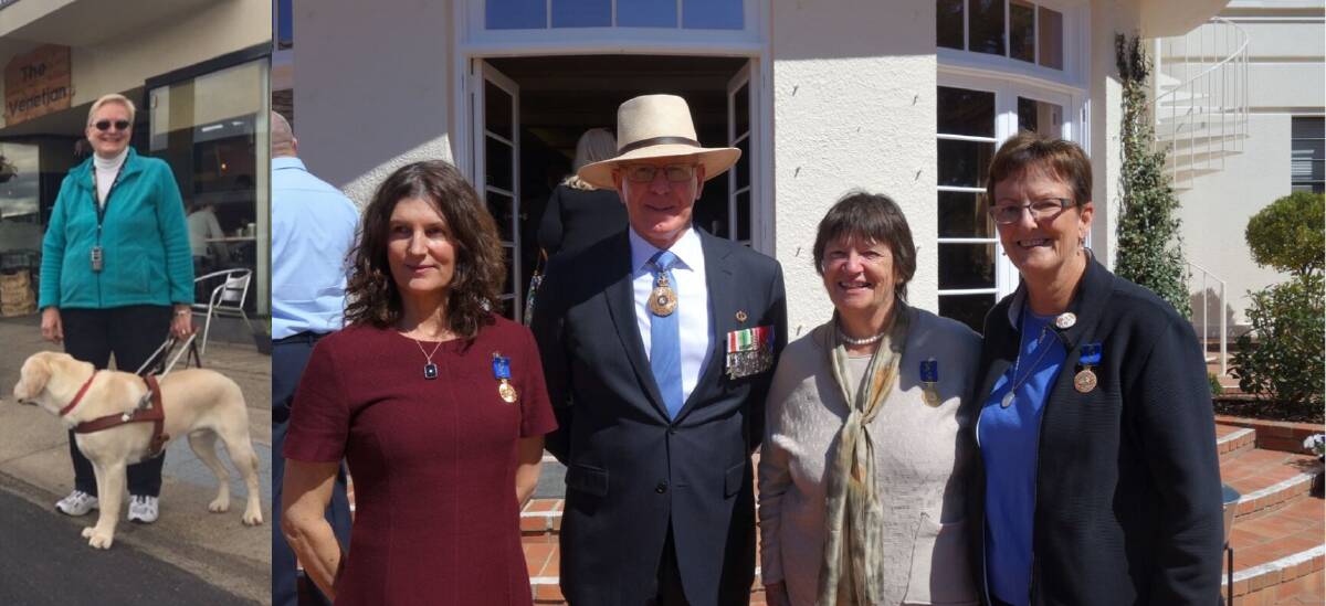 AWARDS: Picture at right - the Governor-General of Australia David Hurley with Rev Linda Chapman of Moruya, Laurelle Pacey and Deidre Landells, of Narooma who received their awards on Friday. Picture at left - Elaine Heskett of Mossy Point who received her award on Thursday afternoon. She is pictured in Batemans Bay with her faithful dog Mr Darcy. 