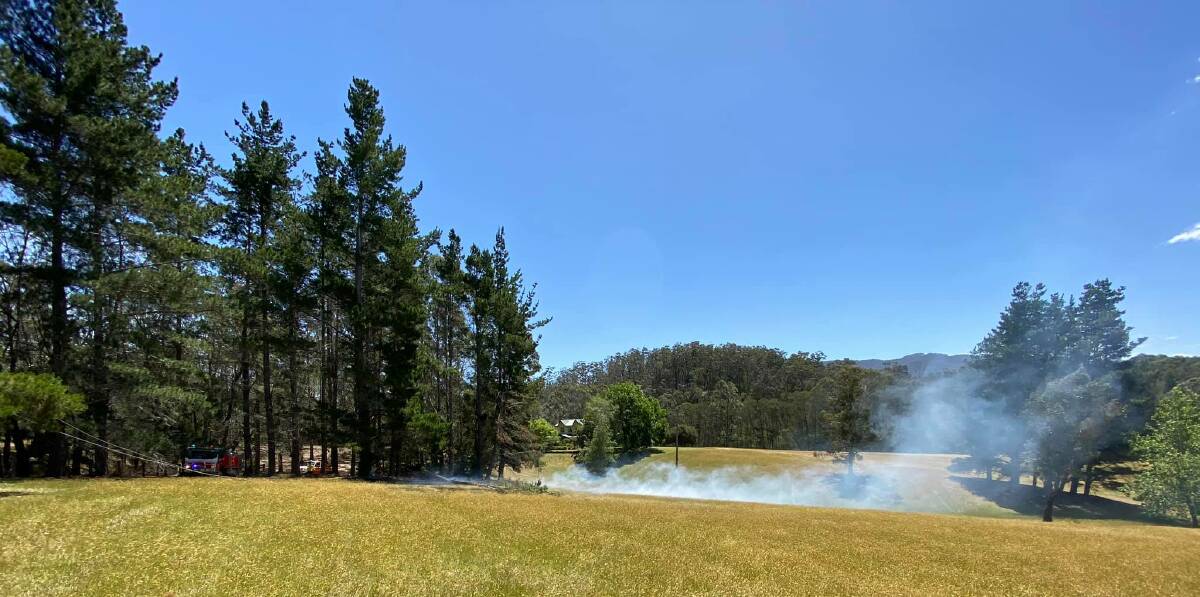 Central Tilba and Cobargo RFS crews quickly extinguish the grass fire at Dignams Creek Road on Tuesday, November 12. Picture: Central Tilba Rural Fire Brigade-NSWRFS Facebook Page.