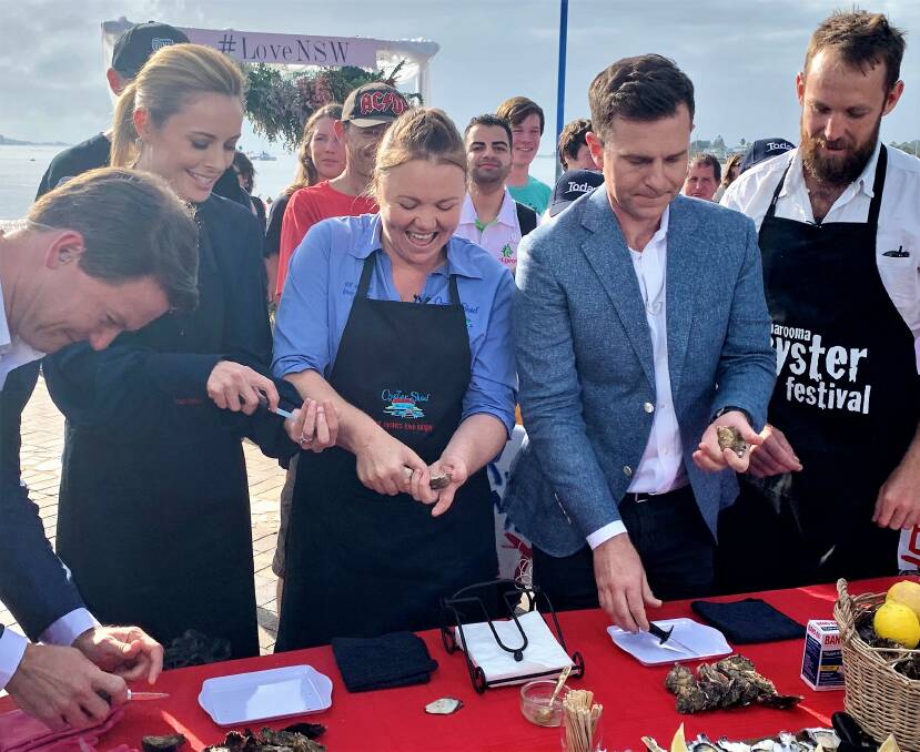 Clyde River oyster farmer Jade Norris of the Wray Street Oyster Shed and Narooma Oyster Festival Ambassador Paul West show the Today Show team the art of oyster shucking.