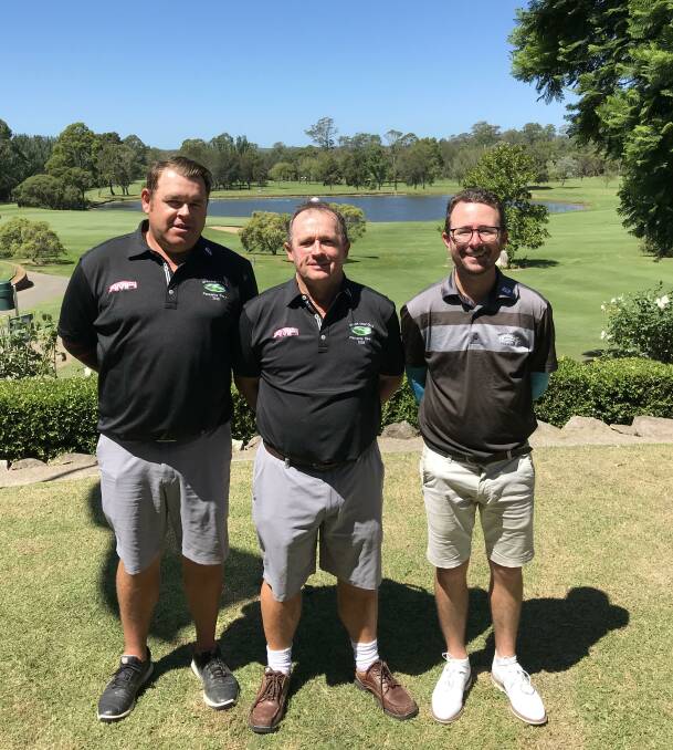 Ready to play: Moruya Golf Club champs Gavin Fitzgerald and Brent Hull with resident professional Andrew Booth. They are playing in the South Coast Open this weekend at Moruya. Image: Supplied. 
