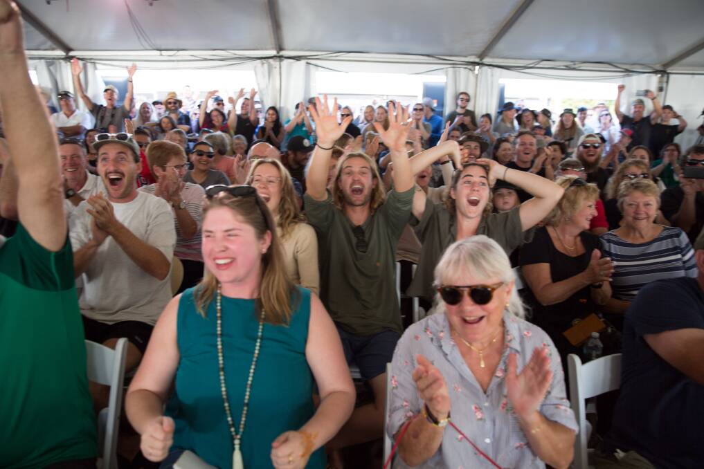 The crowd goes wild at the 2021 Oyster Shucking competition, mere nanoseconds separated champions from runner-ups. Image: Supplied.