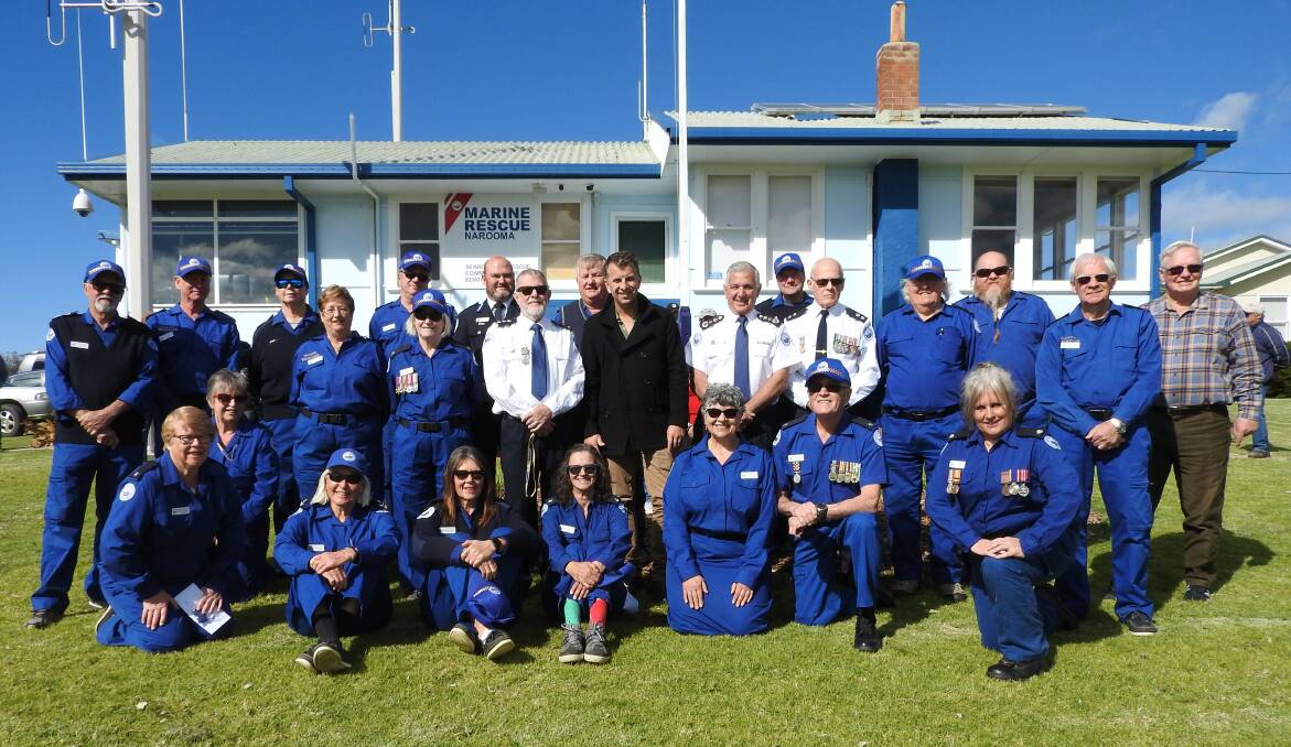 Tribute: Marine Rescue Narooma volunteers, Bega MP Andrew Constance, Marine Rescue NSW Commissioner Stacey Tannos and Eurobodalla Shire Councillor Jack Tait.