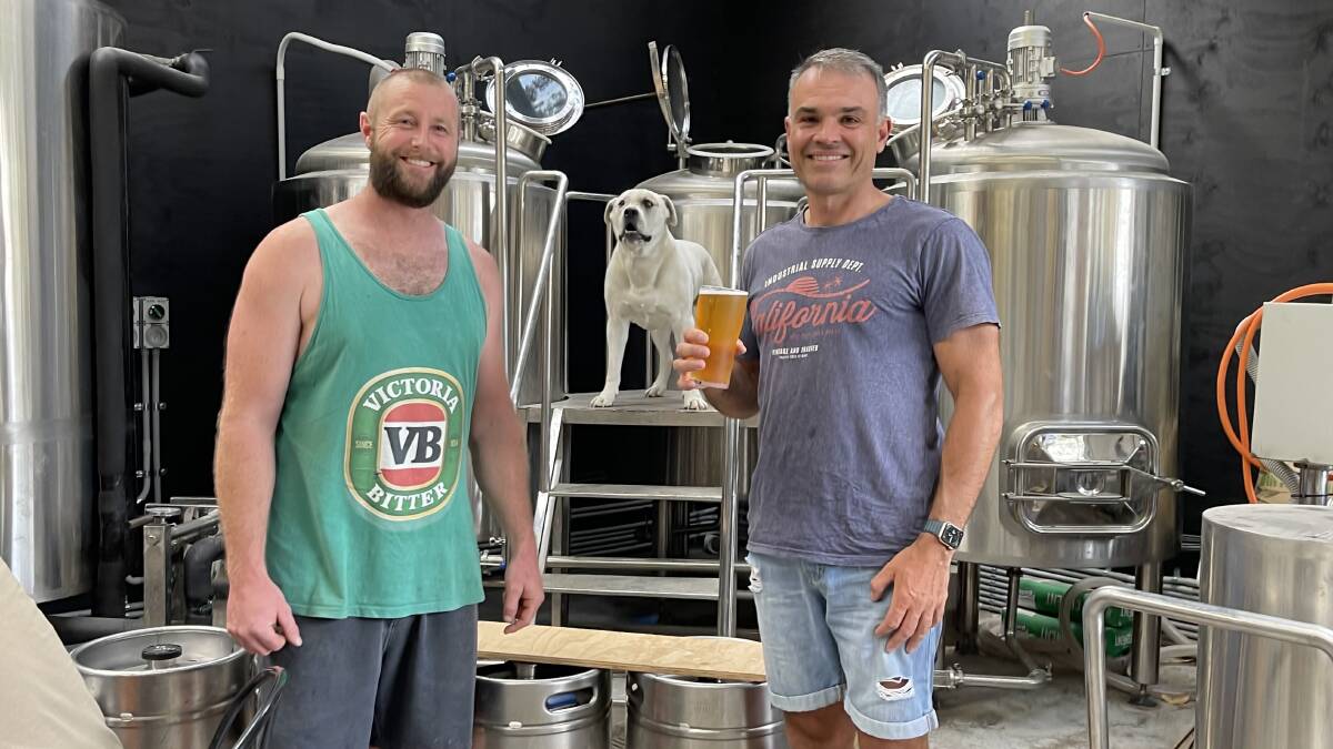 Cheers: Big Niles Brewing owner Cam White with Bankstown Sports Club CEO Mark Condi enjoying a beer at the brewery in Dalmeny. 