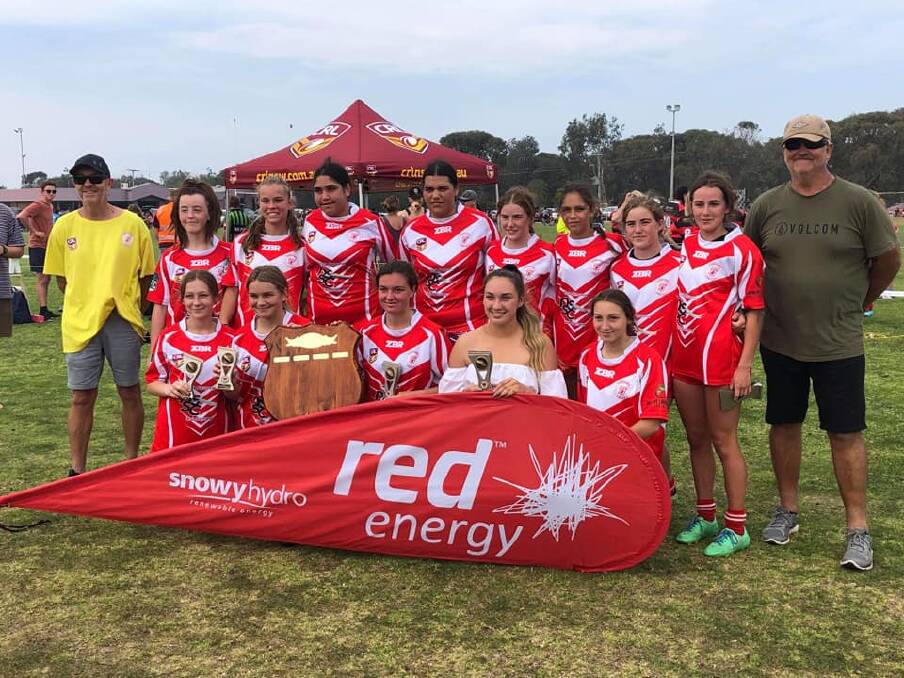 Winners: The Narooma Devils U16s girls are proud as punch after their grand-final win against the Bega Roosters in the 9s contact series on Saturday. Picture: Supplied.