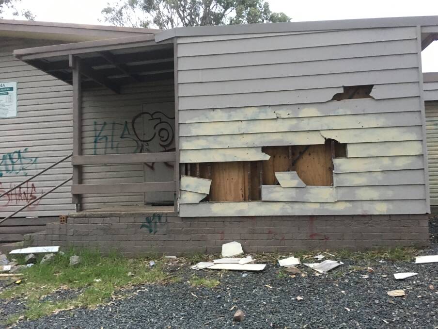 Damage to the Narooma Scout Hall earlier in April this year. It has been targeted once again. Picture: Supplied.