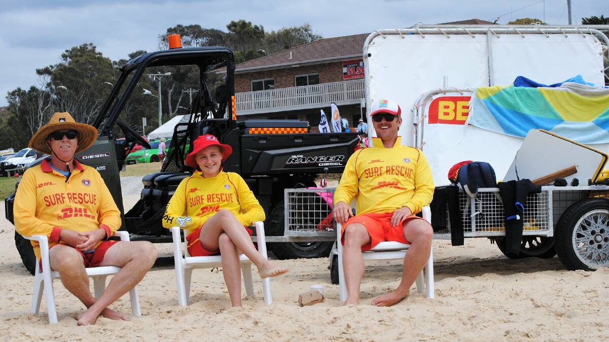 Everyone welcome: Narooma Surf Life Saving Club president Jon Carruthers (left) with fellow patrol members. Picture: Fleur Counstable. 