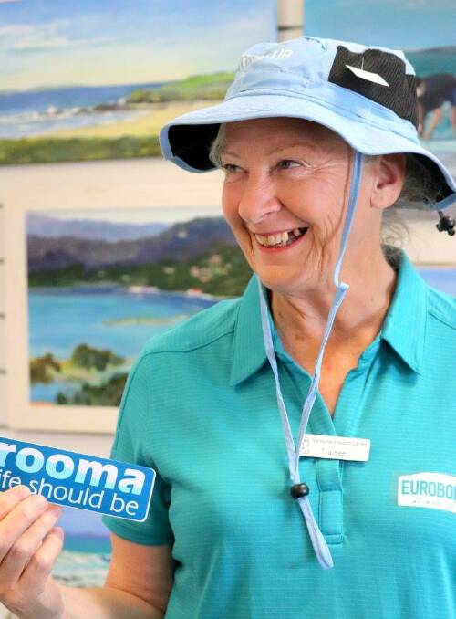 NEW: Jude Thompson enjoying her first day at the Narooma Visitor Information Centre as a new volunteer to meet and greet the tourist visitors. Image: Rosy Williams.