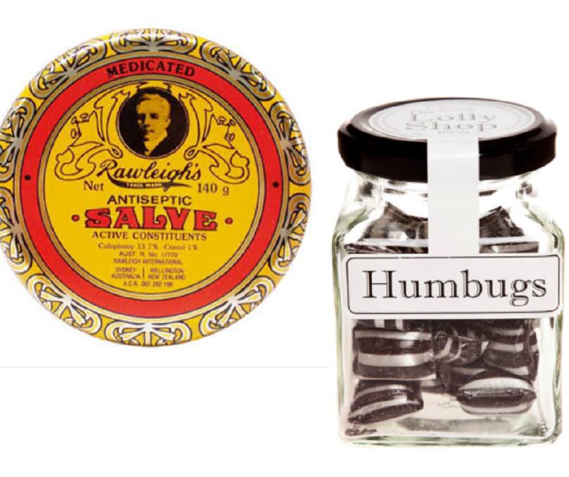 Images of Rawleigh's antiseptic cream and a jar of Humbugs, similar to what Ray Speechley was carrying.