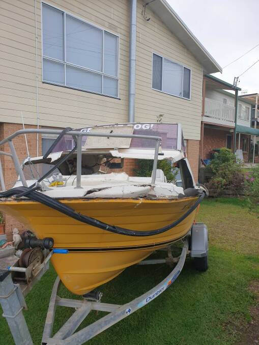 Damage to the front of Matt Price's fishing boat from a whale that breached on June 6. Image: Supplied.