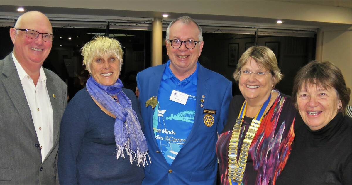 Narooma Rotarians welcome their district governor Peter Ford (centre) to their meeting. With him are Narooma's 'Presidents Four' for 2019-2020 Bob Aston (left), Ange Ulrichsen, Charmaine White and Laurelle Pacey.
