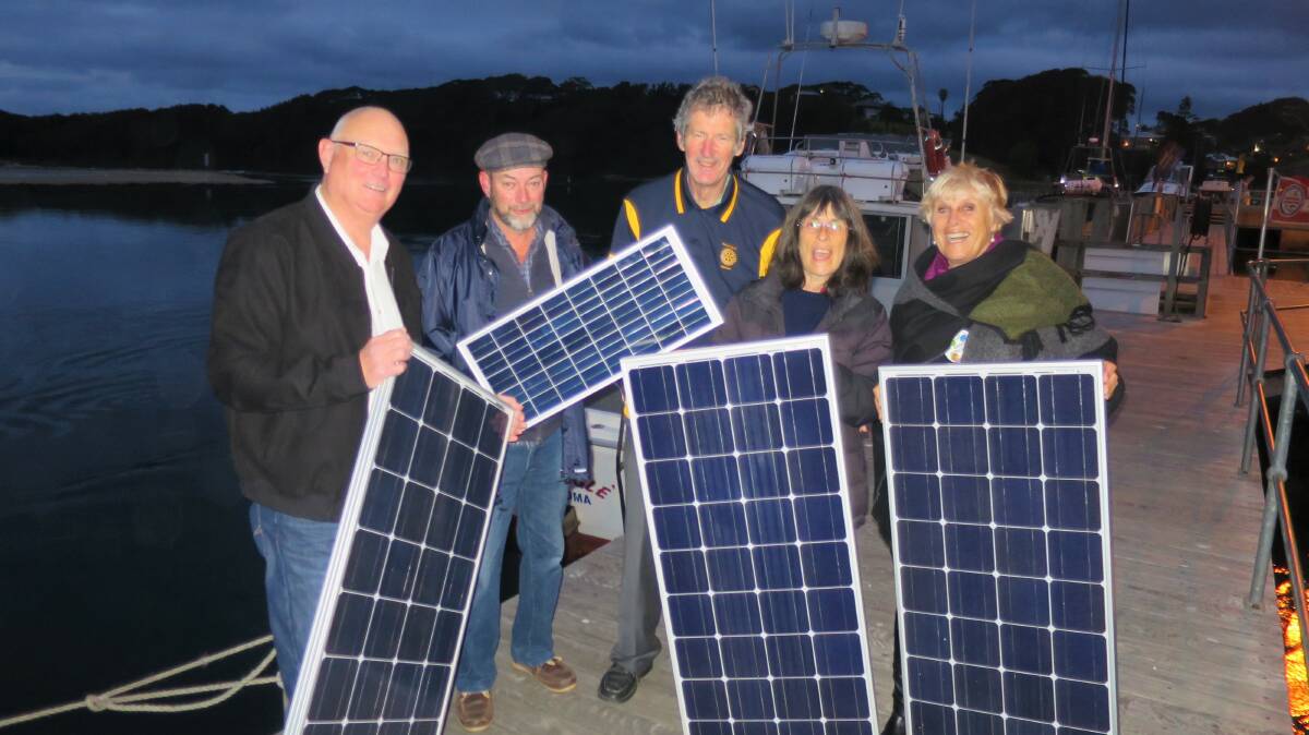 Getting ready for Narooma Rotary Renewable Energy Expo are Bob Aston, Rolf Gimmel, coordinator Frank Eden, Iris Domeier and Ange Ulrichsen.