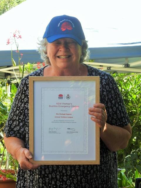 Shelagh Ingram receives an award after working tirelessly to help animals during the bushfires. 