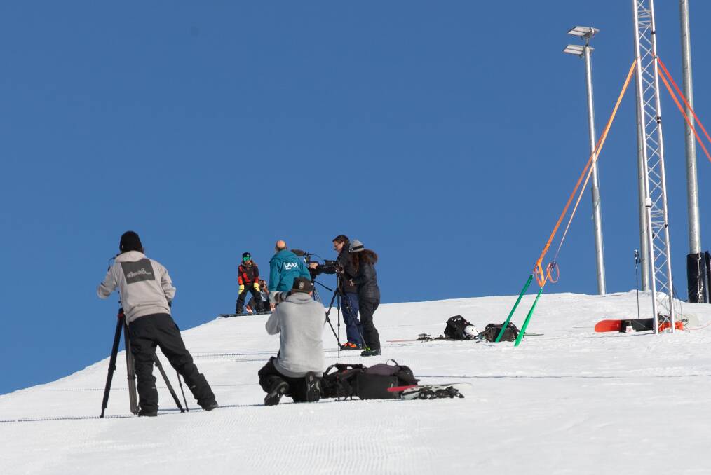 The camera crew set up to record Valentino Guseli's jump in the Laax superpipe. Image: Tommy Pyatt.