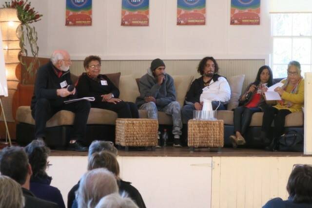 The discussion panel at the Central Tilba Naidoc Week celebrations. From left: Dr Denis Muller (moderator), Ros Field, Warren Foster, Rodney Kelly, Lynne Thomas and Lynette Goodwin.