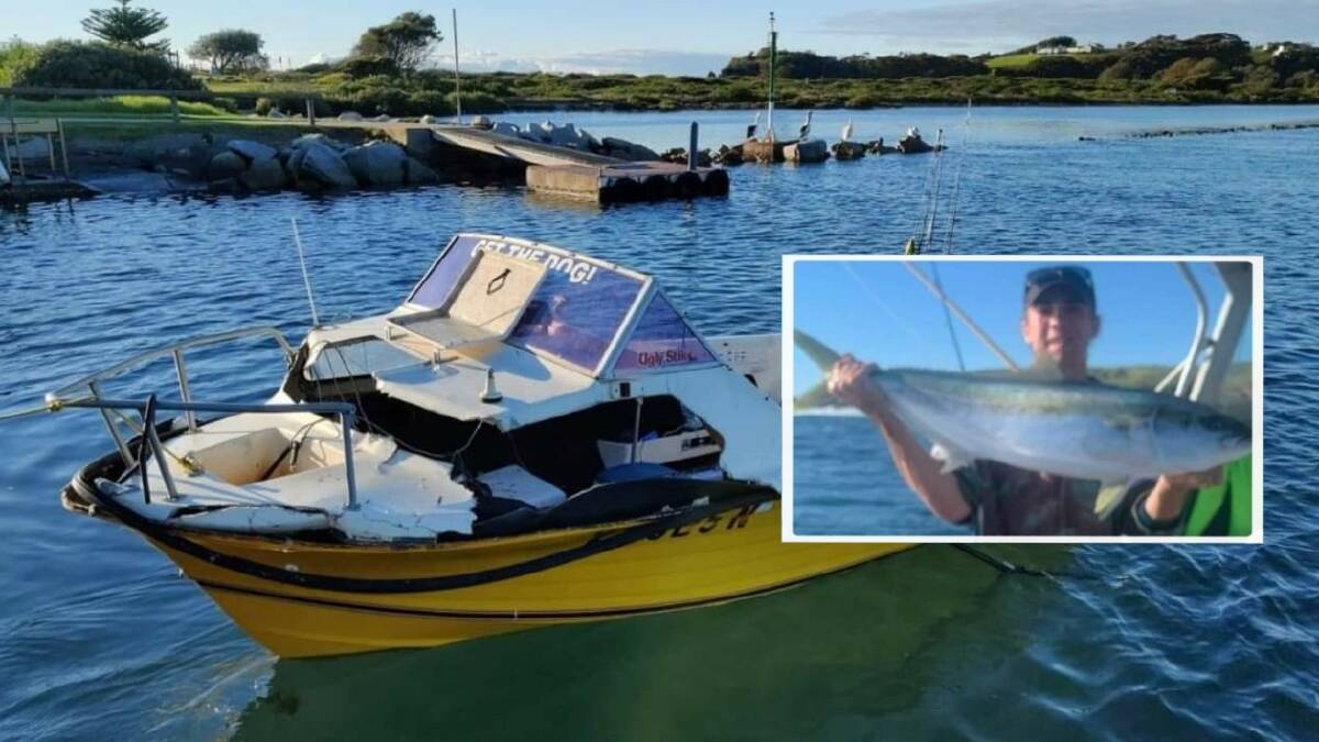 The damaged 4.9 metre cabin runabout and, inset, Narooma teenager Nick was out fishing when the freak accident happened only 500 metres off the coast. Image: Supplied. 