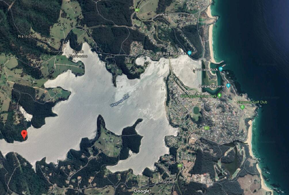 The Paradise Point property is 10 minutes by car or boat to Narooma. Image: Google Maps.