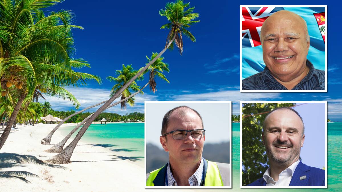 Fiji Deputy Prime Minister and Minister for Tourism Viliame Gavoka, top, Canberra airport head of aviation Michael Thomson, bottom left, and ACT Chief Minister Andrew Barr are expected to announce the direct flights later this week. Pictures ACM, Shutterstock, supplied Fiji Deputy Prime Minister and Minister for Tourism Viliame Gavoka, top, Canberra airport head of aviation Michael Thomson, bottom left, and ACT Chief Minister Andrew Barr are expected to announce the direct flights later this week. Pictures ACM, Shutterstock, supplied